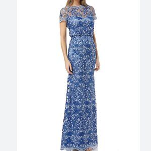 JS Collections Flutter Sleeve Embroidered Dress in Blue